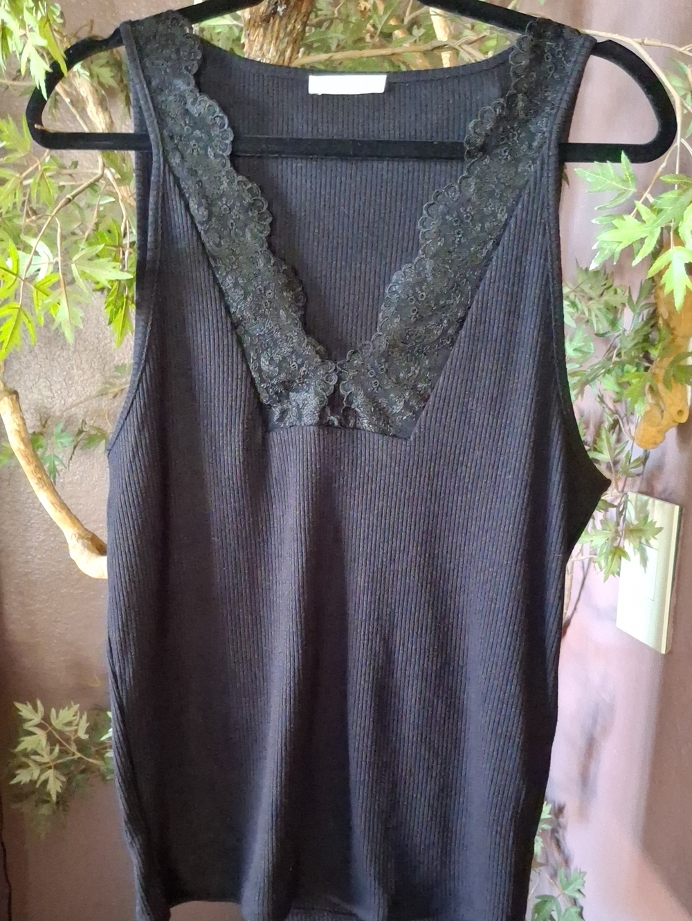 Zara Black Ribbed Top with Lace Trim